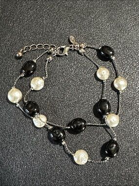 Premier Designs Double Gun Stock Chain White Faux Pearl & Black Bead Bracelet